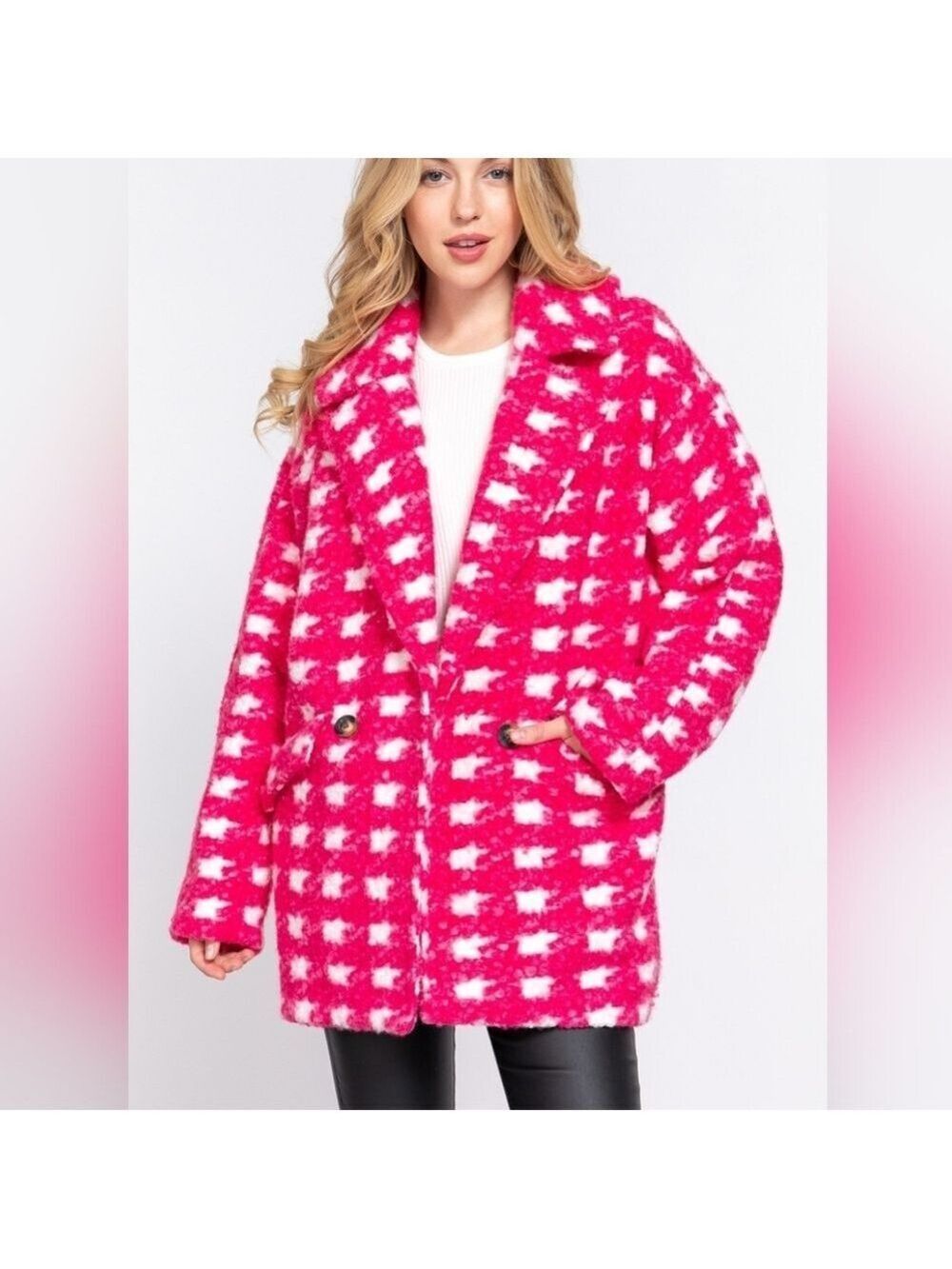 NWT Pink Plaid Fleece Pea Coat Women’s Cozy Teddy Jacket Small Medium Large - Picture 4 of 5